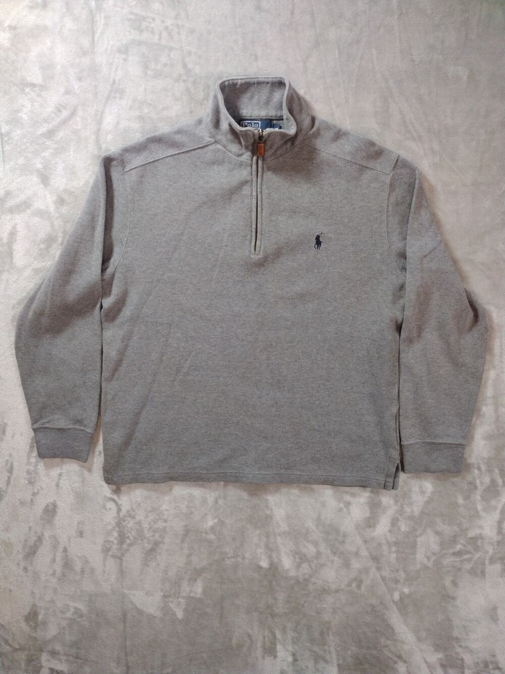 Vtg Polo Ralph Lauren 1/4 Zip Sweater Mens M Gray W/Navy Pony Mock Neck Preppy